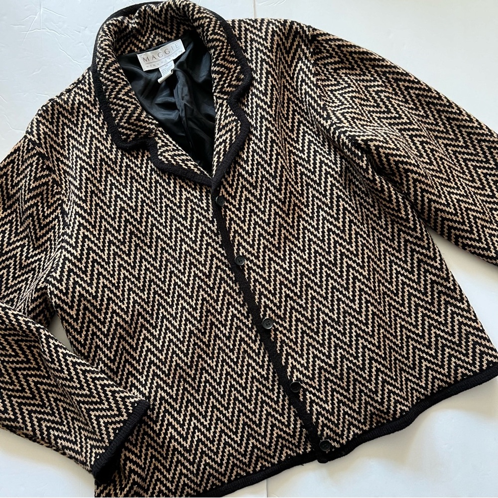 Wool Blend Knit Sweater Cardigan Women’s 1X Brown Black Chevron Lined